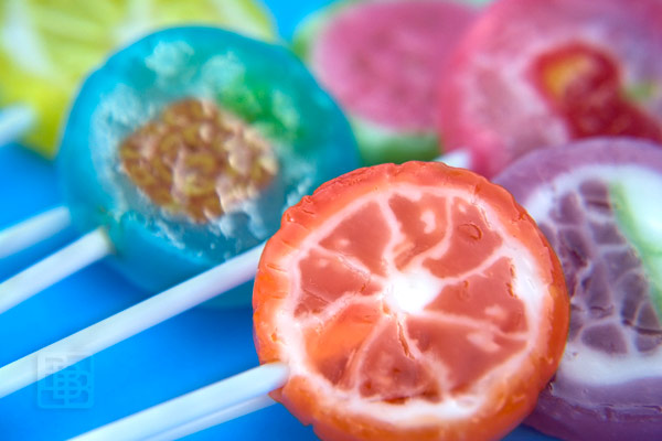 These handmade fruit lollipops are just about the cheeriest-looking candies I've ever seen.  They're sold only  in specialty sweet shops   and are unavailable from large retail stores.